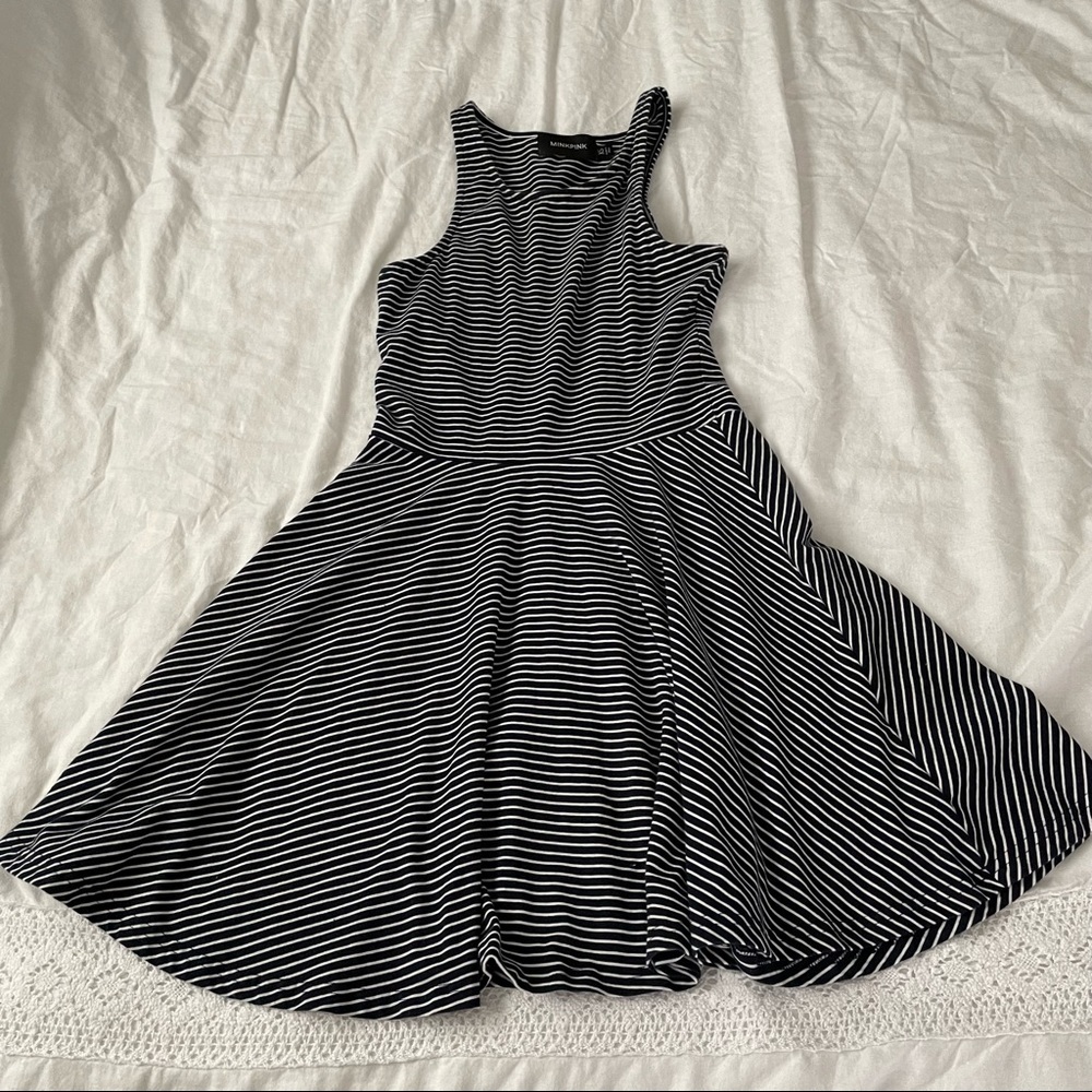 MINKPINK XS Black & White Striped Skater Dress Mini